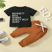 Детски момчета пролетни дрехи комплект буква за печат с къс ръкав тениски за шия на врата и еластична талия с дълги панталони
