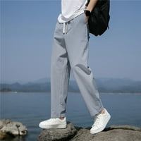 Мъжки панталони ежедневни плътни цветове дишащ памук и ленено джобни еластични панталони за талия gy размер 4xl