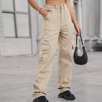 Женски товарни панталони с висока талия на талията разтегателни дънки широки крака торбисти джобове Твърди ежедневни леки прави Y2K панталони