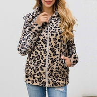 Жени зимно яке- моден леопардов печат свободен плътно цвят дълъг ръкав руно топло руно кафяво s