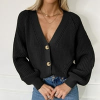 IOPQO Cardigan за женски женски плетен пуловер Отворен фронт кардиган бутон Loose Luterwear Black + XL
