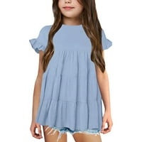 Тениски за тениски за малко дете тениски за развълнуване на късо ръкав кръгла шия разхлабена блуза лято солиден цвят ежедневно момиче тийс върхове за 10- години