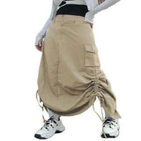 Youweixiong жени дълги товарни поли с джобове Дръпкане с ниска талия винтидж улично облекло Половината рокля