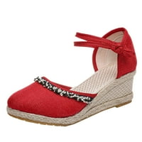 Модни жени лятна тъкана бродерия удобни клинове обувки плаж кръг пръст дишащи сандали червено 8.5