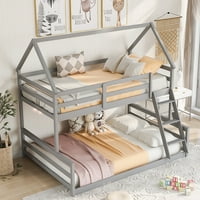 Gplesas twin над пълен с вградена стълба къща двуетажно легло мебели деца многофункционални легла рамка рамка с пълна дължина на спалнята спалня без пружина, необходима стилна дървена сива близначка+пълна