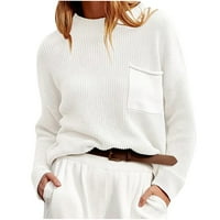 Коледни пуловери за женски пуловер за жени за женско кръгло шия с дълъг ръкав джобна плетена риза мързелив стил пуловер