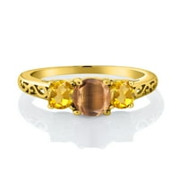 Gem Stone King 18k жълто злато, покрито със сребро кафяво тигърско око и жълт цитрин филигран в стил каменен пръстен за жени