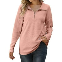 Дамски суичъри квартал цип с дълъг ръкав с дълъг ръкав извън решаване странични пуловери пуловери розово