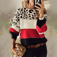 Absuyy пуловери за жени Просверие ежедневно пуловер на пуловер с дълъг ръкав леопардов шев на екипажа
