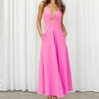 Небрежни летни рокли на жените солидни цветове v-образно деколте странични сплит спагети каишка maxi лятната плажна рокля розов размер xl