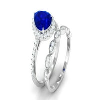 Лабораторен отглеждан син сапфирен пръстен комплект с диамантен - дизайнерски пръстен, 14K бяло злато, САЩ 4.00