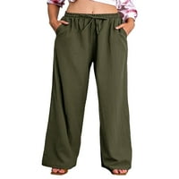 Haite жени Небрежни памучни панталони с широки крака на краката Разхлабени плътни цветове дълги панталони салони плажове с джобове