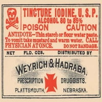 Етикет на бутилката за аптека през 1920 г. Много от тях бяха лекове, а основната съставка често беше алкохол. Печат на плакат от неизвестно